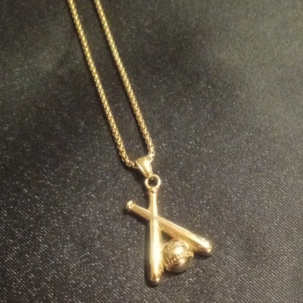 Gold Tone Baseball Bat And Ball Pendant Necklace